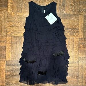 Morgane Le Fay 100% Silk Navy Dress Tiered Chiffon Ruffles w/ Feathers SZ Large